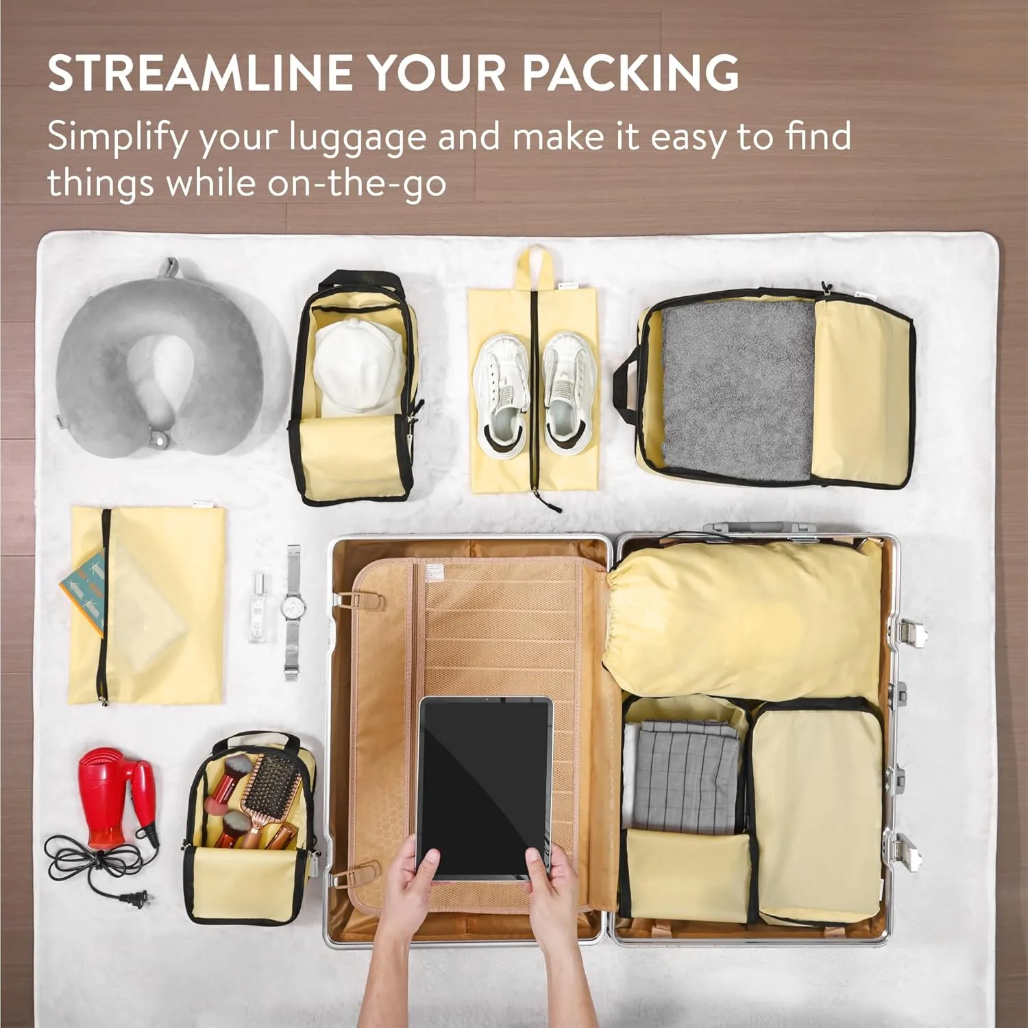 Navaris Compression Packing Cubes Set of 8 - Compressible Travel Bags for Packing Many Sizes - Lightweight Compression Travel Organizer Suitcase Carry On Luggage Backpacks - Beige