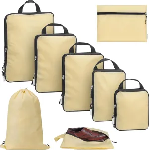 Navaris Compression Packing Cubes Set of 8 - Compressible Travel Bags for Packing Many Sizes - Lightweight Compression Travel Organizer Suitcase Carry On Luggage Backpacks - Beige