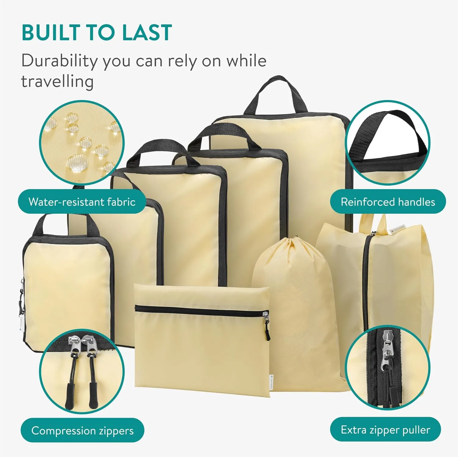 Navaris Compression Packing Cubes Set of 8 - Compressible Travel Bags for Packing Many Sizes - Lightweight Compression Travel Organizer Suitcase Carry On Luggage Backpacks - Beige