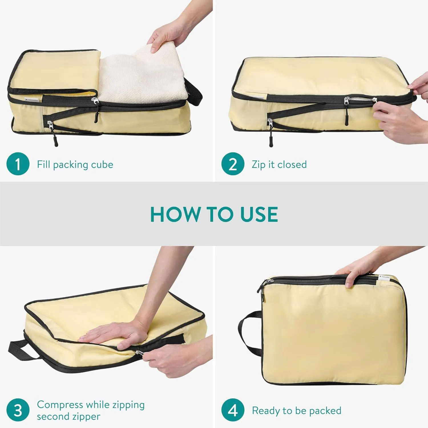 Navaris Compression Packing Cubes Set of 8 - Compressible Travel Bags for Packing Many Sizes - Lightweight Compression Travel Organizer Suitcase Carry On Luggage Backpacks - Beige