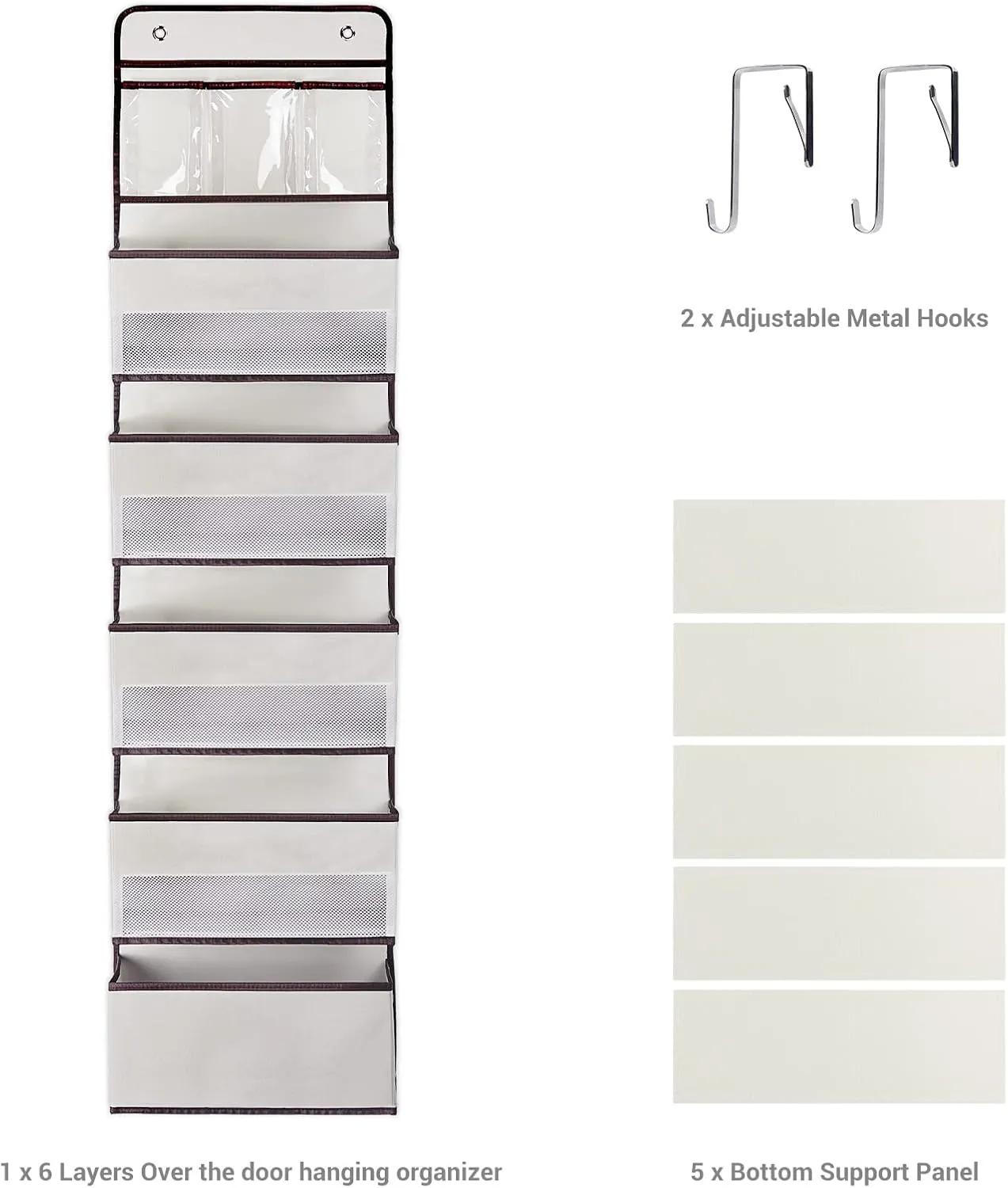 NesTidy Over The Door Organizer Storage 6 Layers, Wall Mount Hanging Organizer with 5 Large Pocket Organizers and 3 Small Pockets for Baby Essentials, Toys, Cosmetics, and Sundries (Beige, 1 Pack)