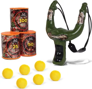 NKOK Realtree: Handheld Slingshot Set - Green - #25037 Includes 6 Foam Balls & 3 Can Targets, Toy Slingshot Shoots Up to 30 Feet, Officially Licensed, for Ages 6 