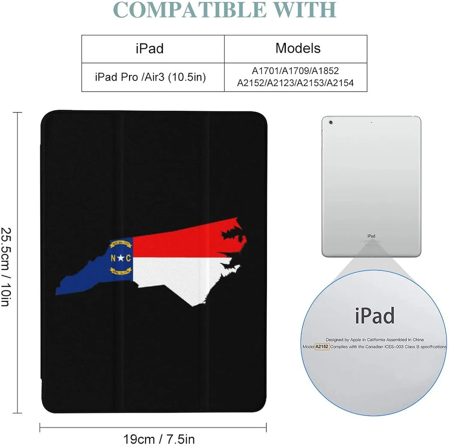 North Carolina State Flag Map Protective Case Compatible with Ipad 2017/2018/Air1/Air2/Air3/Pro with Pen Slot Kickstand