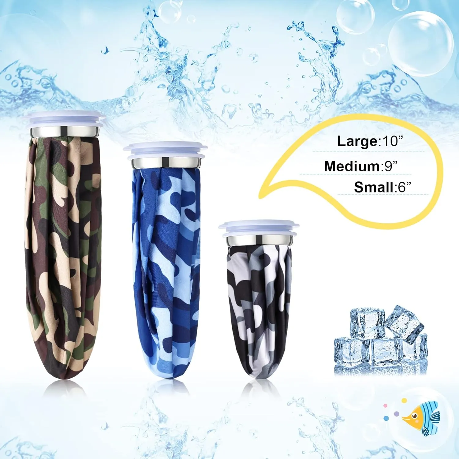 Nuanchu 3 Pieces Ice Bags for Injuries Reusable Ice Pack Hot Cold Water Bag 6, 9, 10 Inches Hot Cold Therapy and Pain Relief Pain Screw Top for Sports Knee Head Leg(Camouflage Style)