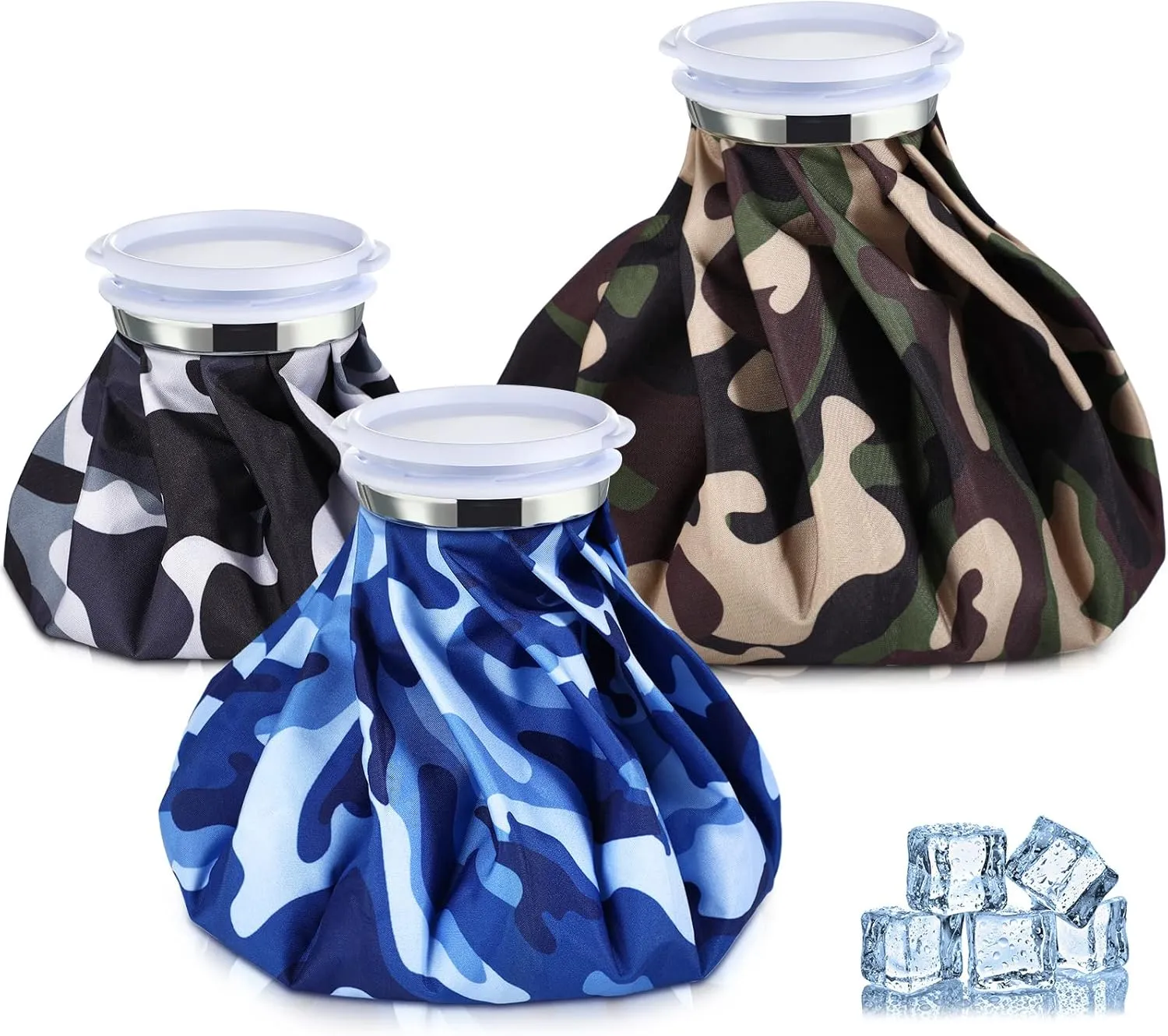 Nuanchu 3 Pieces Ice Bags for Injuries Reusable Ice Pack Hot Cold Water Bag 6, 9, 10 Inches Hot Cold Therapy and Pain Relief Pain Screw Top for Sports Knee Head Leg(Camouflage Style)