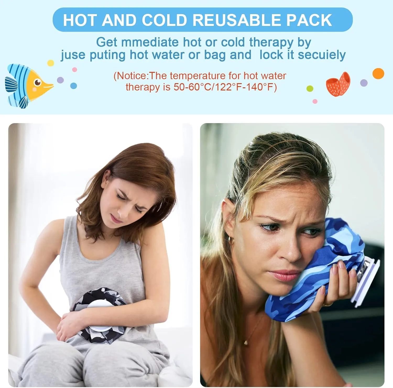 Nuanchu 3 Pieces Ice Bags for Injuries Reusable Ice Pack Hot Cold Water Bag 6, 9, 10 Inches Hot Cold Therapy and Pain Relief Pain Screw Top for Sports Knee Head Leg(Camouflage Style)