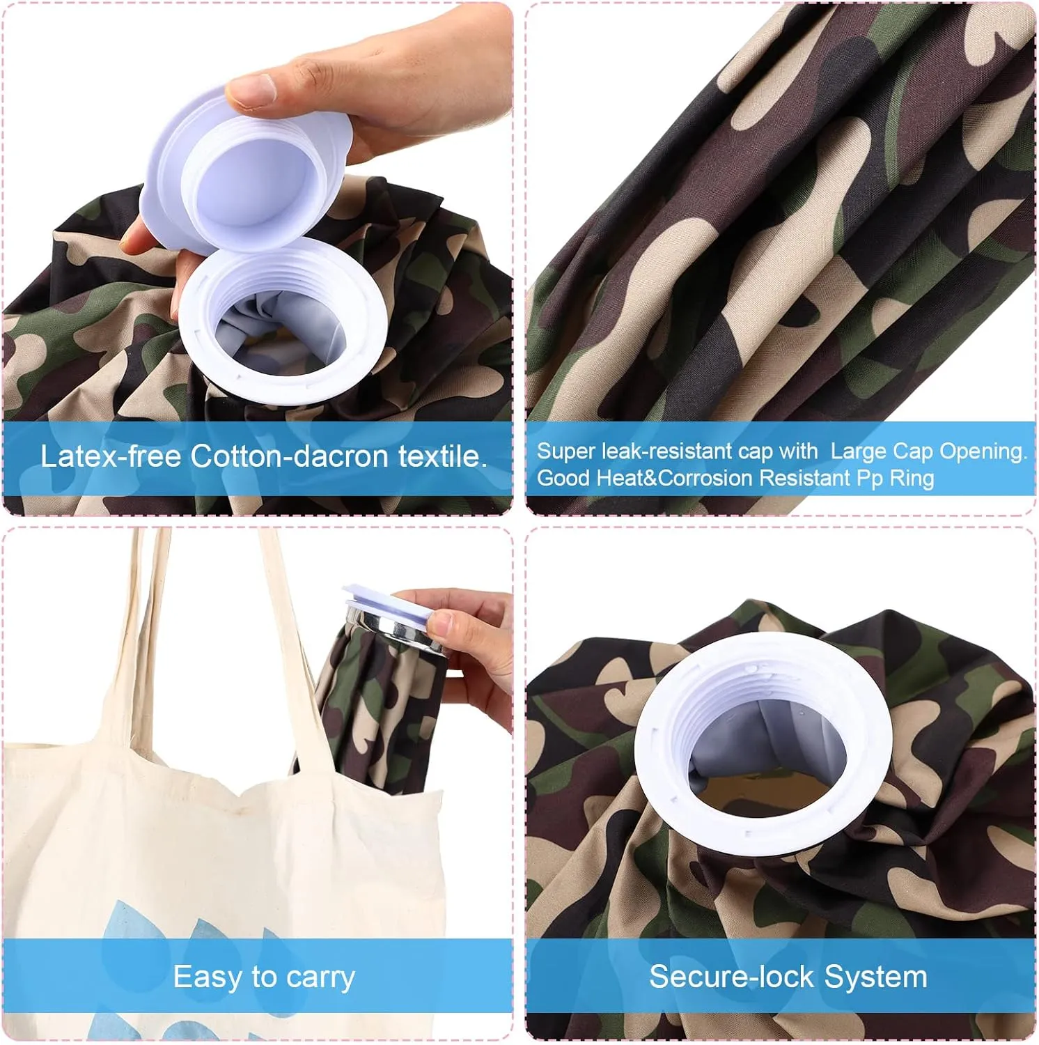 Nuanchu 3 Pieces Ice Bags for Injuries Reusable Ice Pack Hot Cold Water Bag 6, 9, 10 Inches Hot Cold Therapy and Pain Relief Pain Screw Top for Sports Knee Head Leg(Camouflage Style)