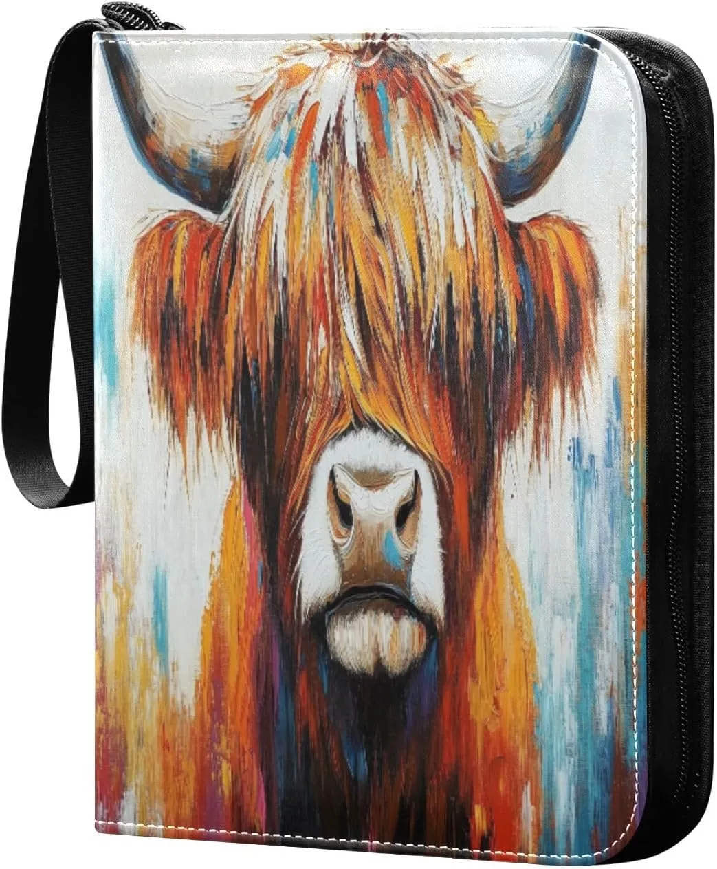 Oil Painting Highland Cow Cards Binder 4 Pocket Fits 400 Cards with 50 Removable Sleevesves, Trading Card Collector Zipper Album Holder Portable Card Games Display Storage Cases