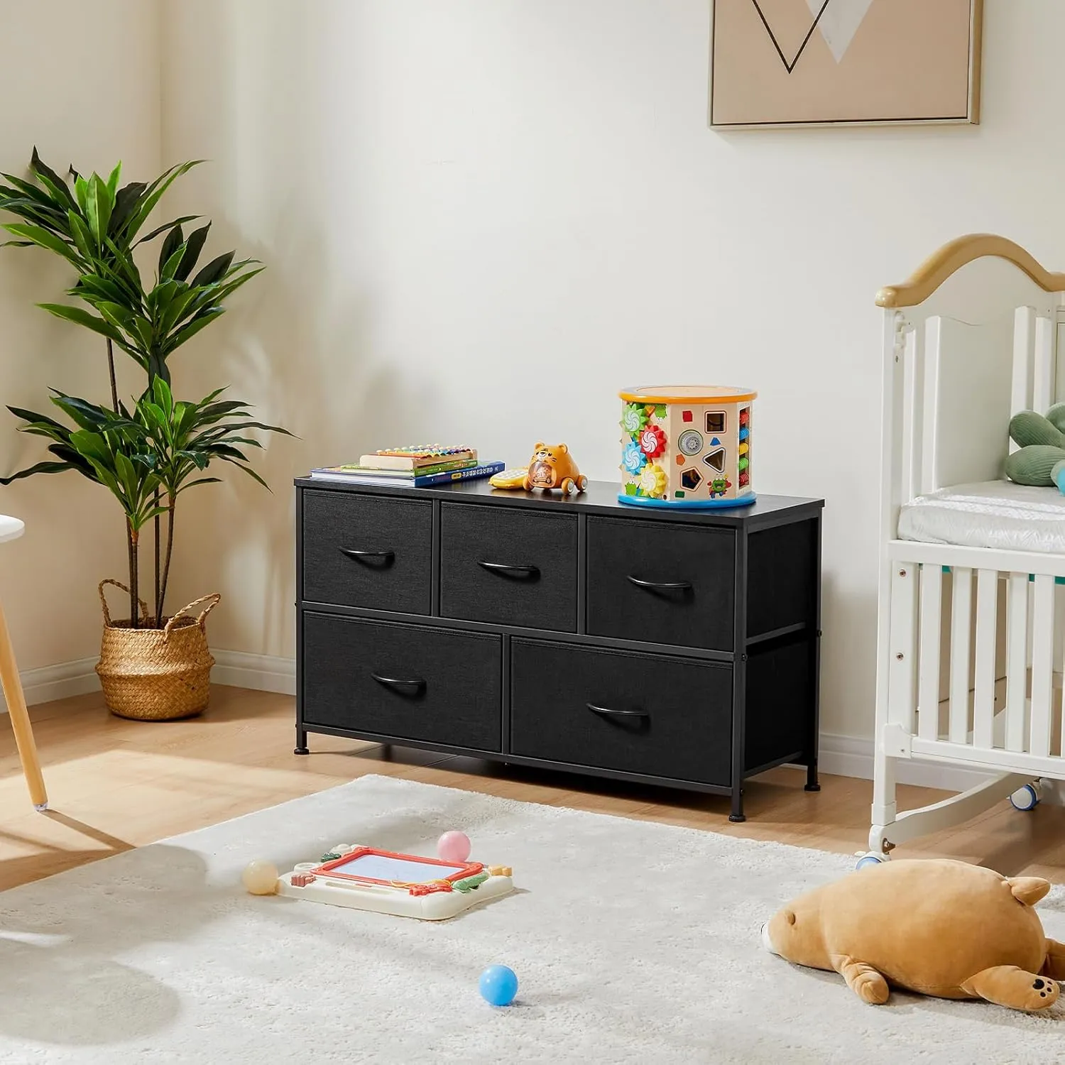 OLIXIS Dresser for Bedroom with 5 Drawers, Wide Chest of Drawers, Fabric Bedroom Dresser with Drawer Organizer, Storage Organizer Unit with Fabric Bins for Closet, Living Room, Hallway, Classic Black