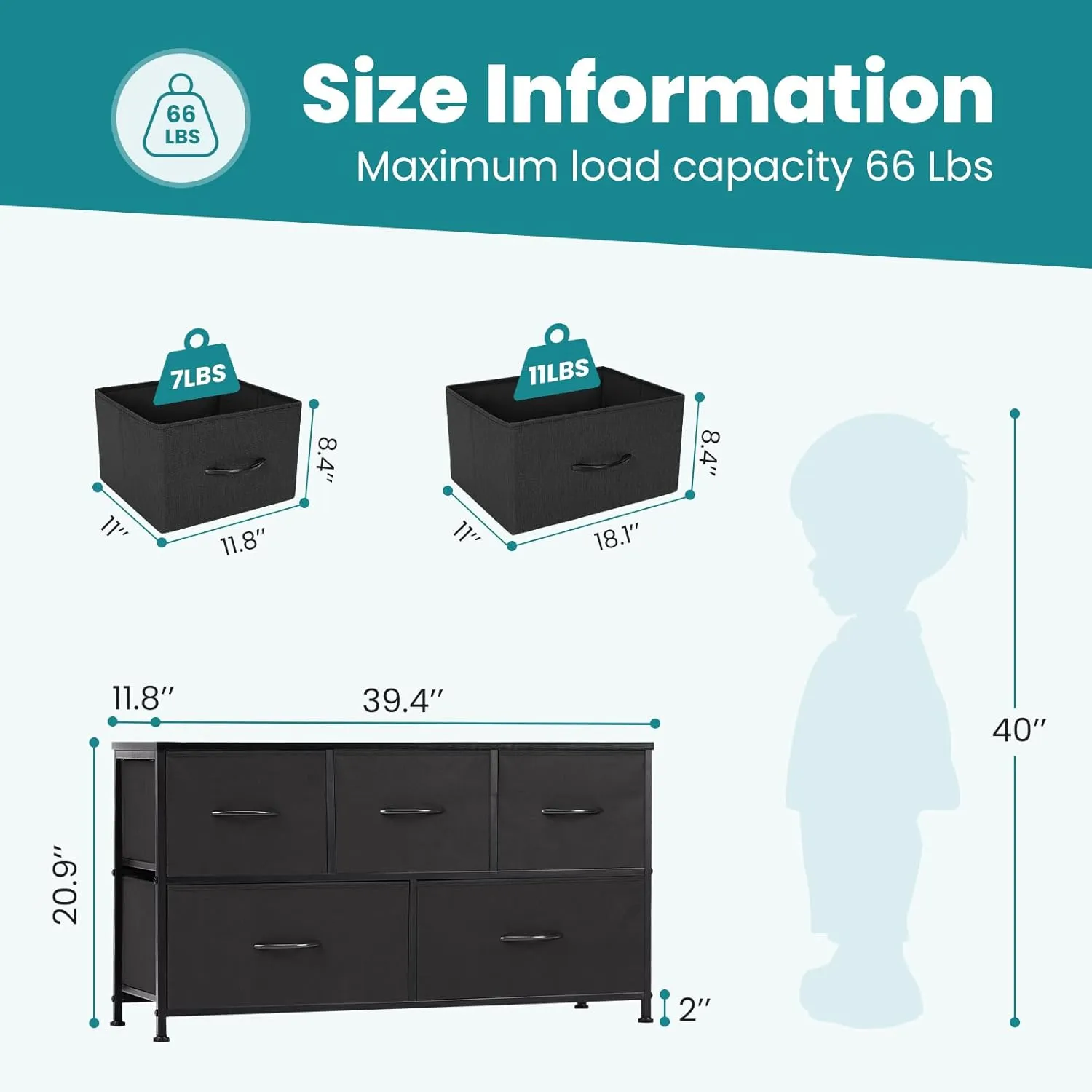 OLIXIS Dresser for Bedroom with 5 Drawers, Wide Chest of Drawers, Fabric Bedroom Dresser with Drawer Organizer, Storage Organizer Unit with Fabric Bins for Closet, Living Room, Hallway, Classic Black