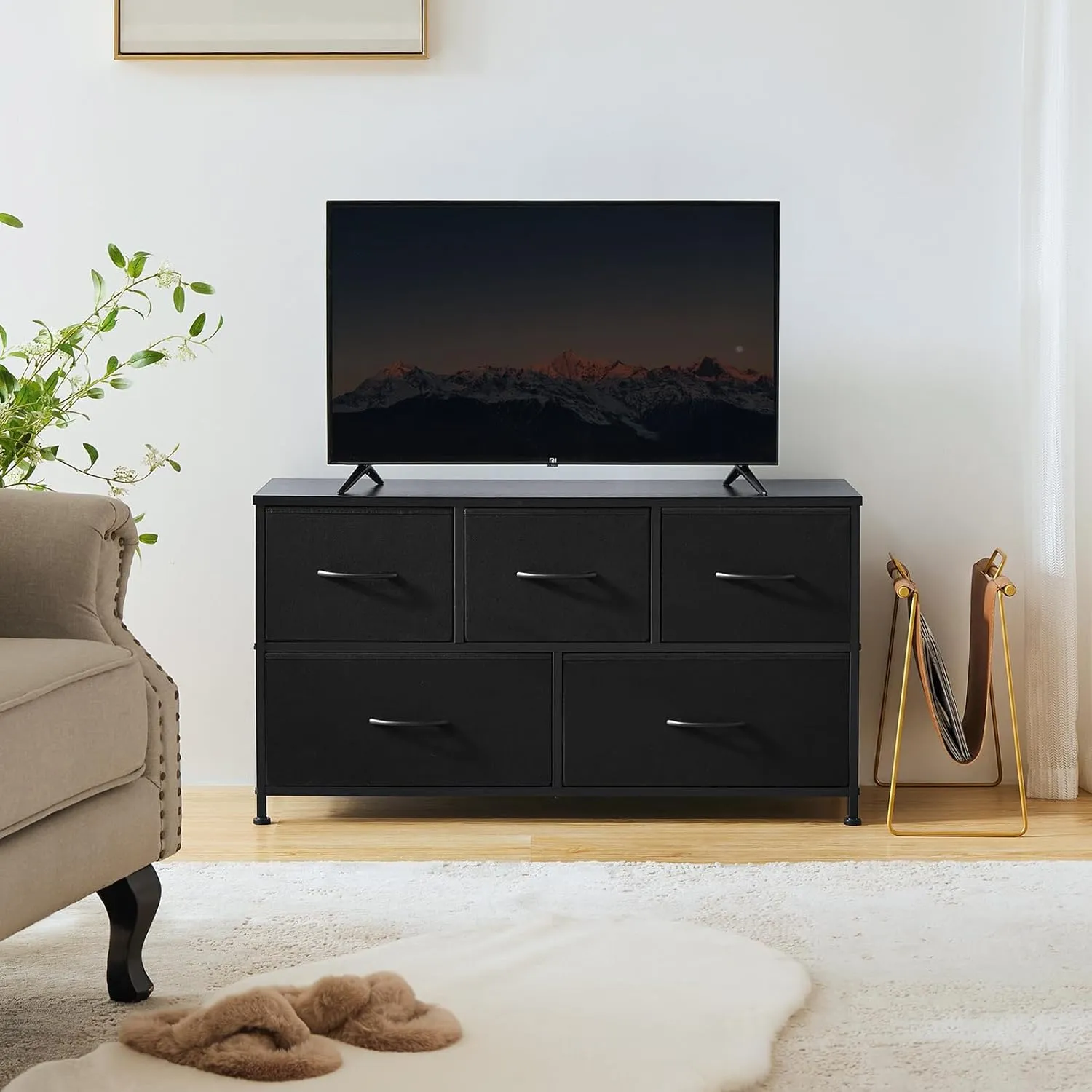 OLIXIS Dresser for Bedroom with 5 Drawers, Wide Chest of Drawers, Fabric Bedroom Dresser with Drawer Organizer, Storage Organizer Unit with Fabric Bins for Closet, Living Room, Hallway, Classic Black