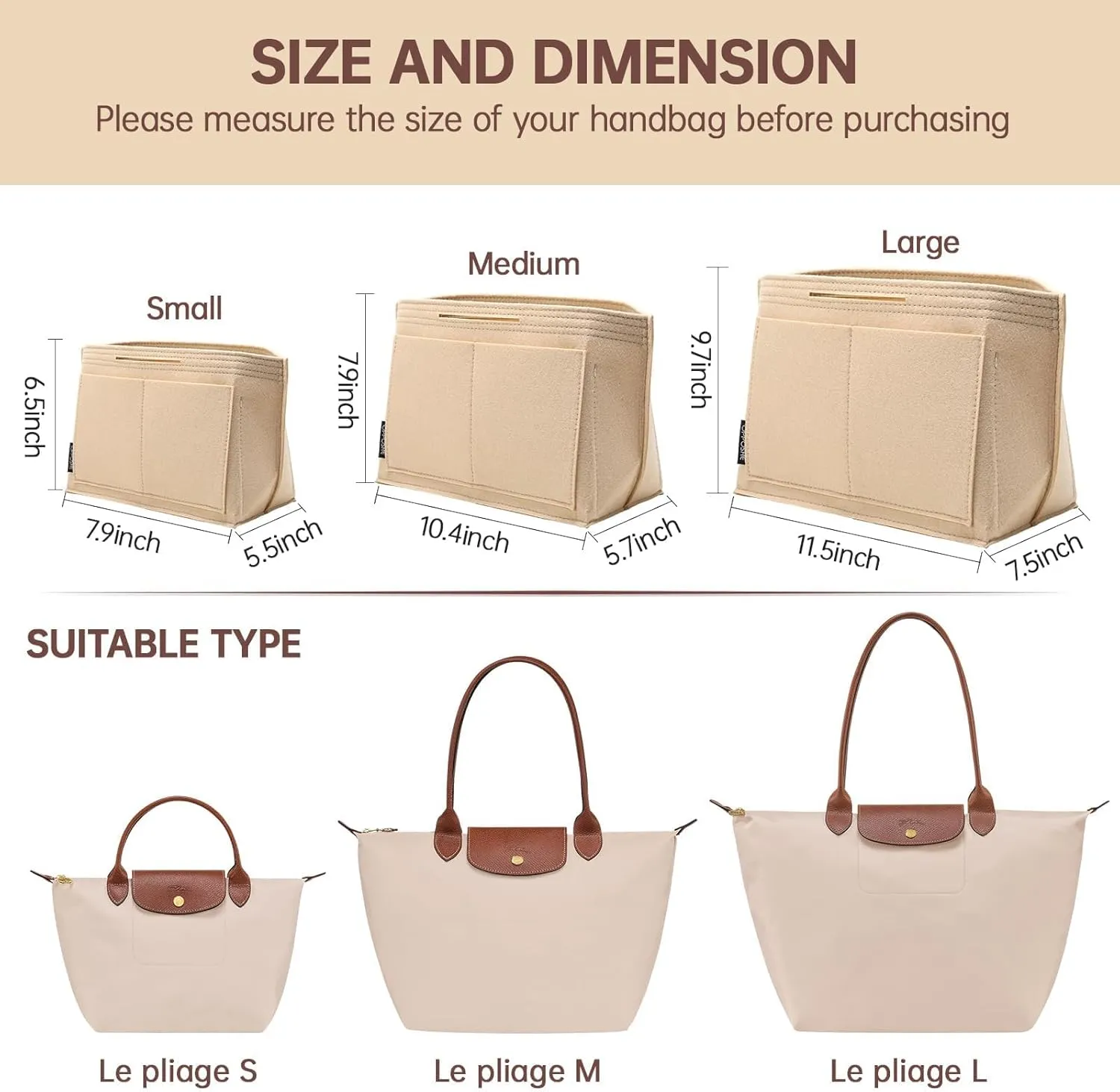 OPPOSHE Purse Organizer Insert for Longchamp Le Pliage, Premium Felt Long Champ Bag Handbag Women, Tote Organizer Insert with 9 Compartments (Large, Beige)