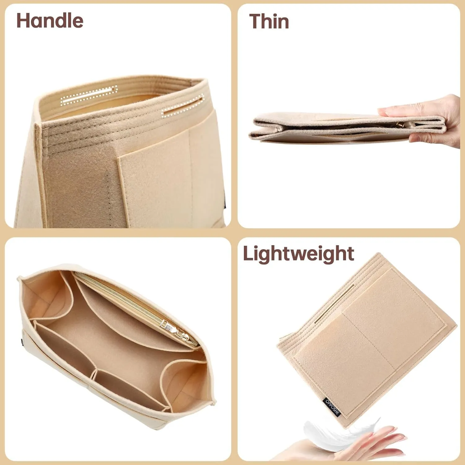 OPPOSHE Purse Organizer Insert for Longchamp Le Pliage, Premium Felt Long Champ Bag Handbag Women, Tote Organizer Insert with 9 Compartments (Large, Beige)