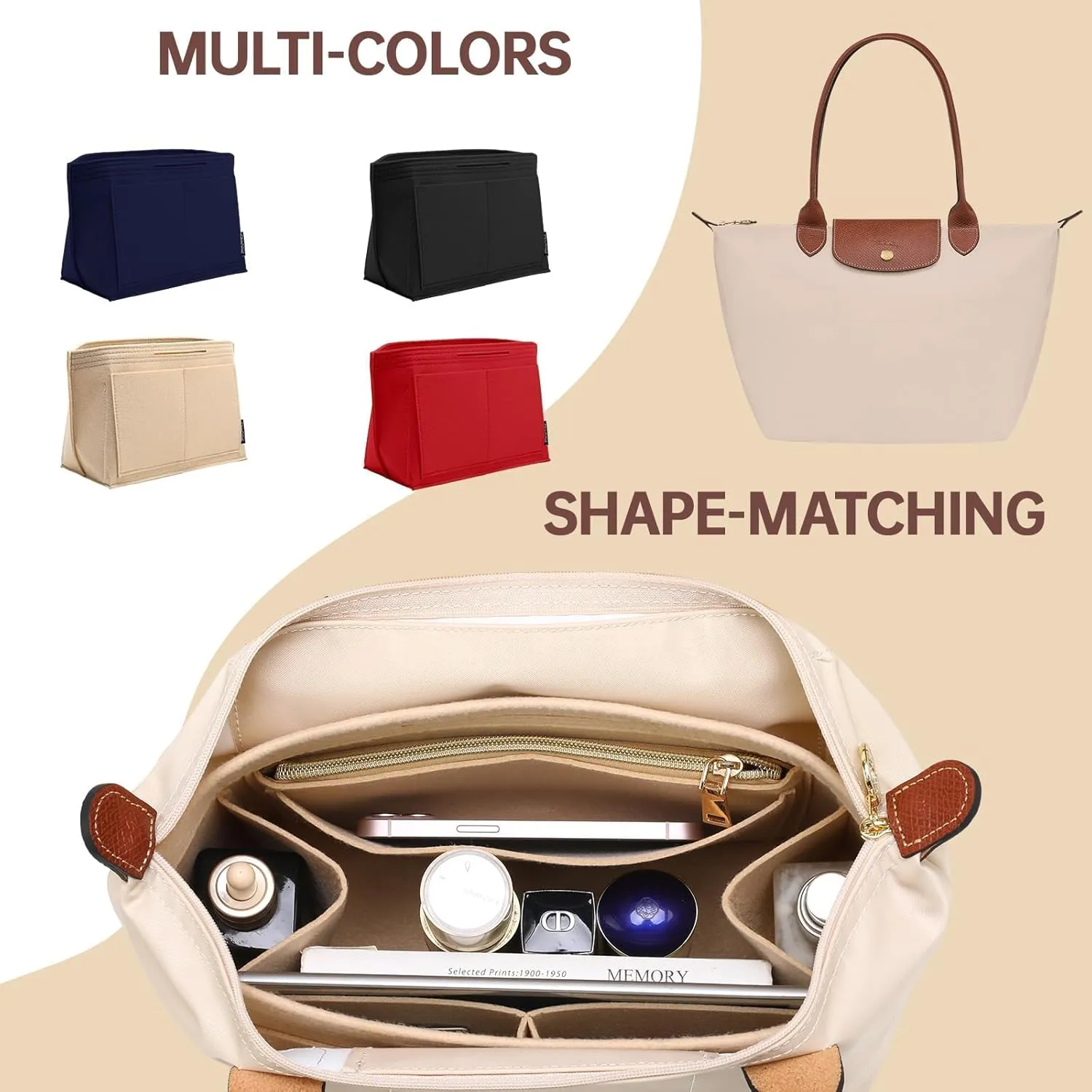 OPPOSHE Purse Organizer Insert for Longchamp Le Pliage, Premium Felt Long Champ Bag Handbag Women, Tote Organizer Insert with 9 Compartments (Large, Beige)
