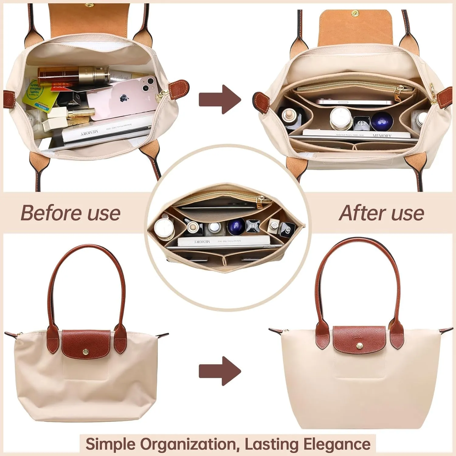 OPPOSHE Purse Organizer Insert for Longchamp Le Pliage, Premium Felt Long Champ Bag Handbag Women, Tote Organizer Insert with 9 Compartments (Large, Beige)