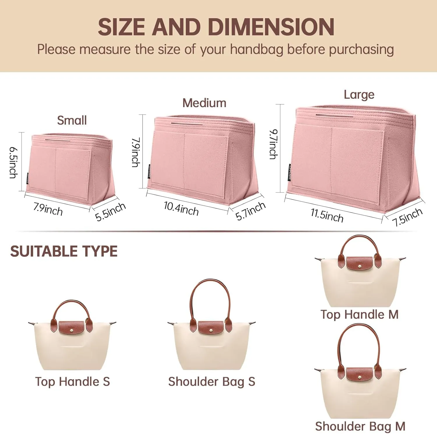 OPPOSHE Purse Organizer Insert for Longchamp Le Pliage, Premium Felt Long Champ Bag Handbag Women, Tote Organizer Insert with 9 Compartments (Large, Pink)