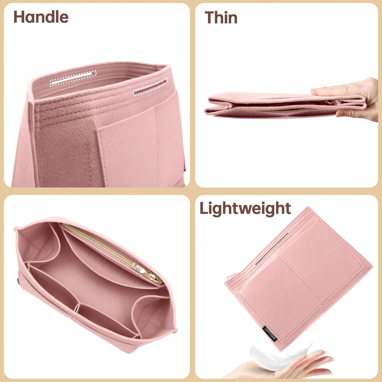 OPPOSHE Purse Organizer Insert for Longchamp Le Pliage, Premium Felt Long Champ Bag Handbag Women, Tote Organizer Insert with 9 Compartments (Large, Pink)