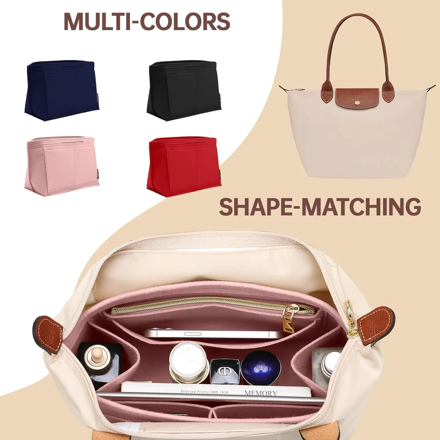 OPPOSHE Purse Organizer Insert for Longchamp Le Pliage, Premium Felt Long Champ Bag Handbag Women, Tote Organizer Insert with 9 Compartments (Large, Pink)