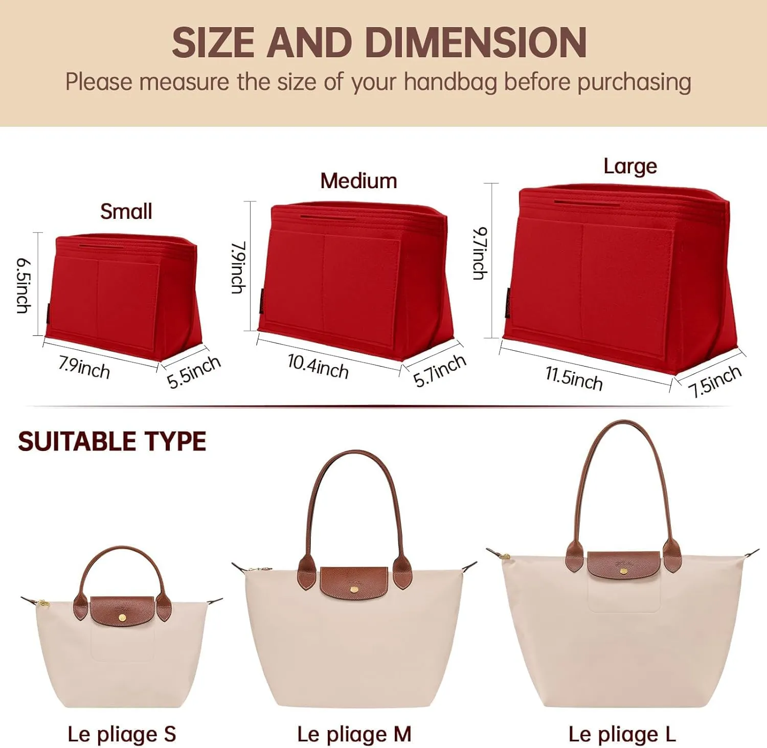 OPPOSHE Purse Organizer Insert for Longchamp Le Pliage, Premium Felt Long Champ Bag Handbag Women, Tote Organizer Insert with 9 Compartments (Small, Red)