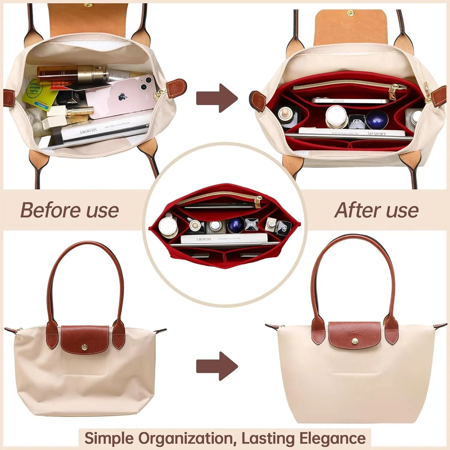 OPPOSHE Purse Organizer Insert for Longchamp Le Pliage, Premium Felt Long Champ Bag Handbag Women, Tote Organizer Insert with 9 Compartments (Small, Red)