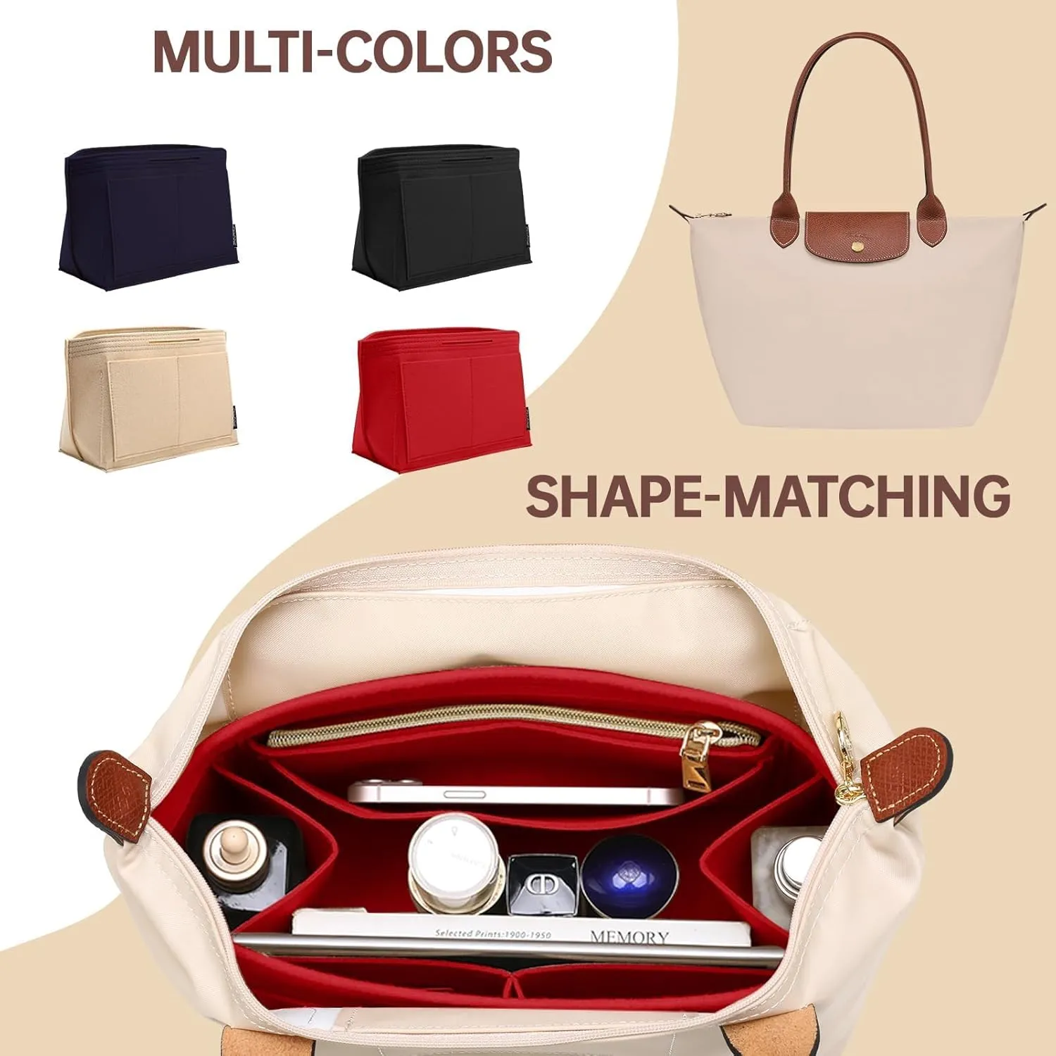 OPPOSHE Purse Organizer Insert for Longchamp Le Pliage, Premium Felt Long Champ Bag Handbag Women, Tote Organizer Insert with 9 Compartments (Small, Red)