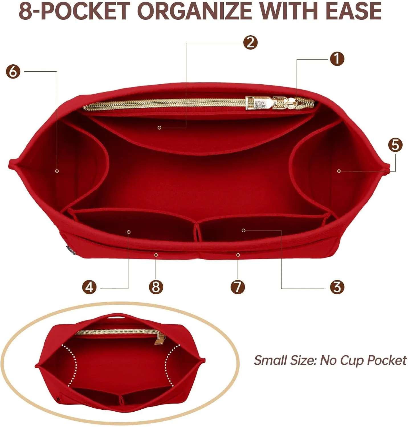 OPPOSHE Purse Organizer Insert for Longchamp Le Pliage, Premium Felt Long Champ Bag Handbag Women, Tote Organizer Insert with 9 Compartments (Small, Red)