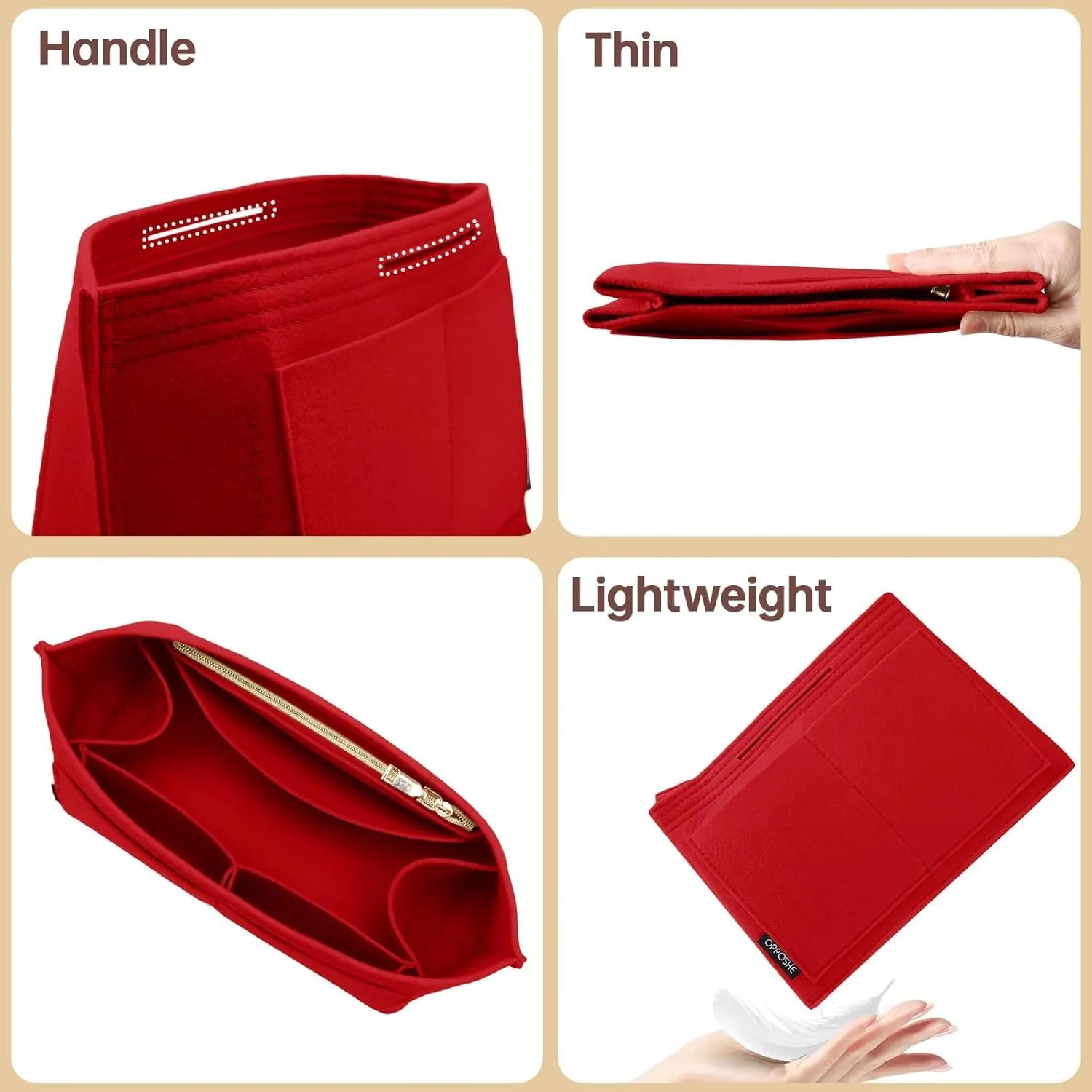OPPOSHE Purse Organizer Insert for Longchamp Le Pliage, Premium Felt Long Champ Bag Handbag Women, Tote Organizer Insert with 9 Compartments (Small, Red)