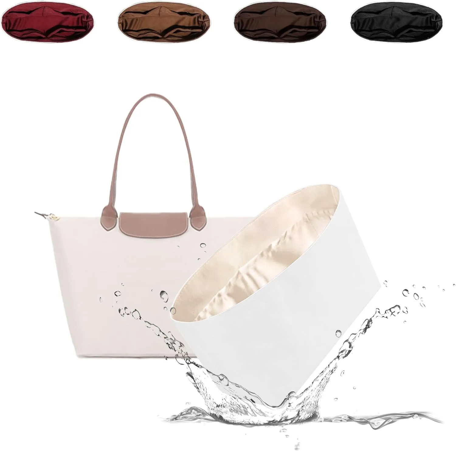 Organizer Insert for Longchamp, Lightweight Purse Insert Compatible with Le Pliage Medium Shoulder Bag (Long Handle), Waterproof Dupontpaper Surface and Silky Satin Lining (Medium Shoulder Bag, Craie)