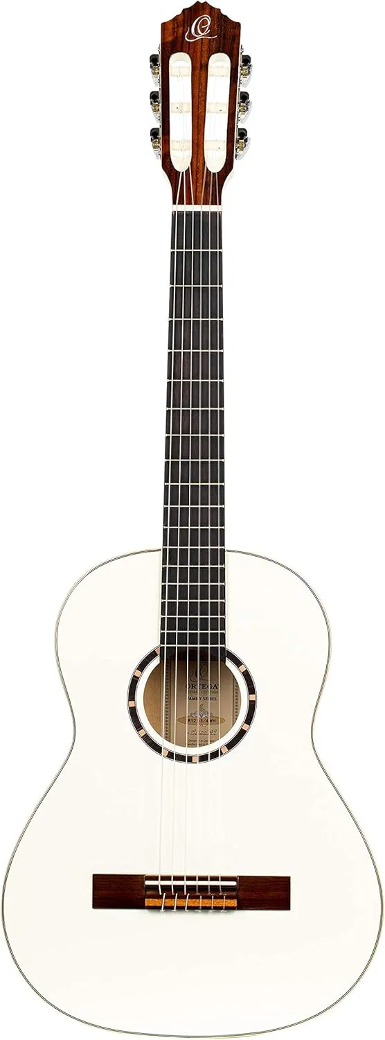 Ortega Guitars 6 String Family Series 3/4 Size Nylon Classical Guitar w/Bag, Right, Spruce Top-White-Gloss, (R121-3/4WH)