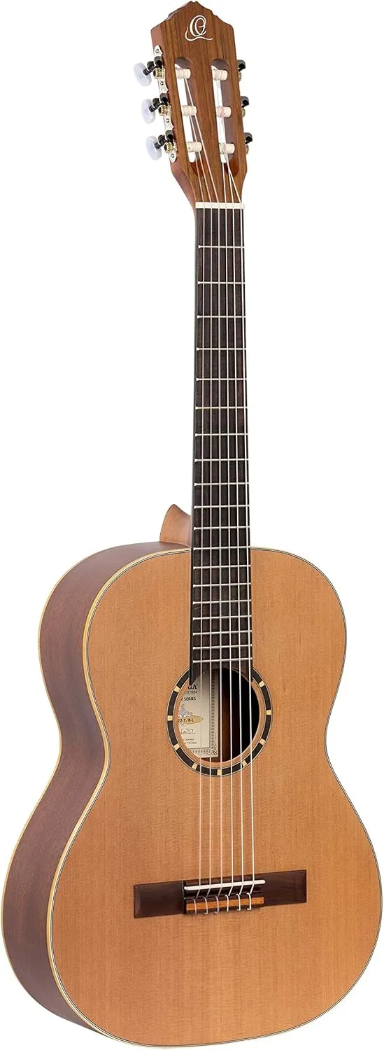 Ortega Guitars 6 String Family Series 7/8 Size Left-Handed Nylon Classical Guitar w/Bag, Cedar Top-Natural-Satin, (R122-7/8-L)