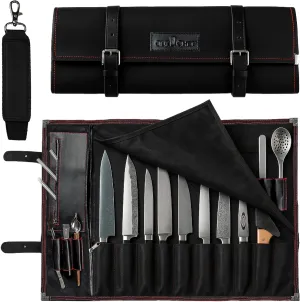 OuiChef Chef Knife Bag for 10 Knives & Utensils - Waxed Canvas & Vegan Leather - Travel Knife Case with Straps - Professional Chef Roll Bag