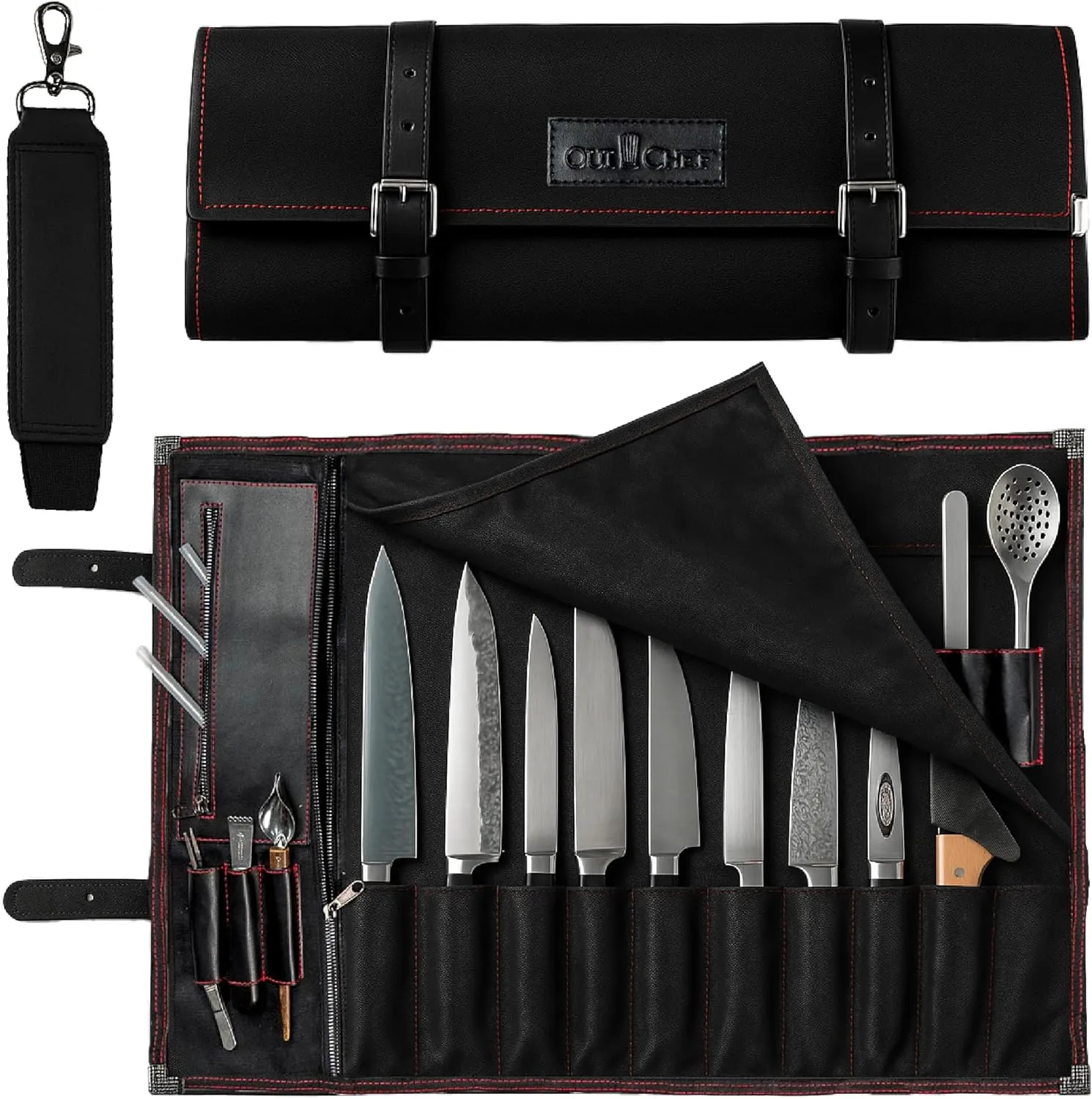 OuiChef Chef Knife Bag for 10 Knives & Utensils - Waxed Canvas & Vegan Leather - Travel Knife Case with Straps - Professional Chef Roll Bag