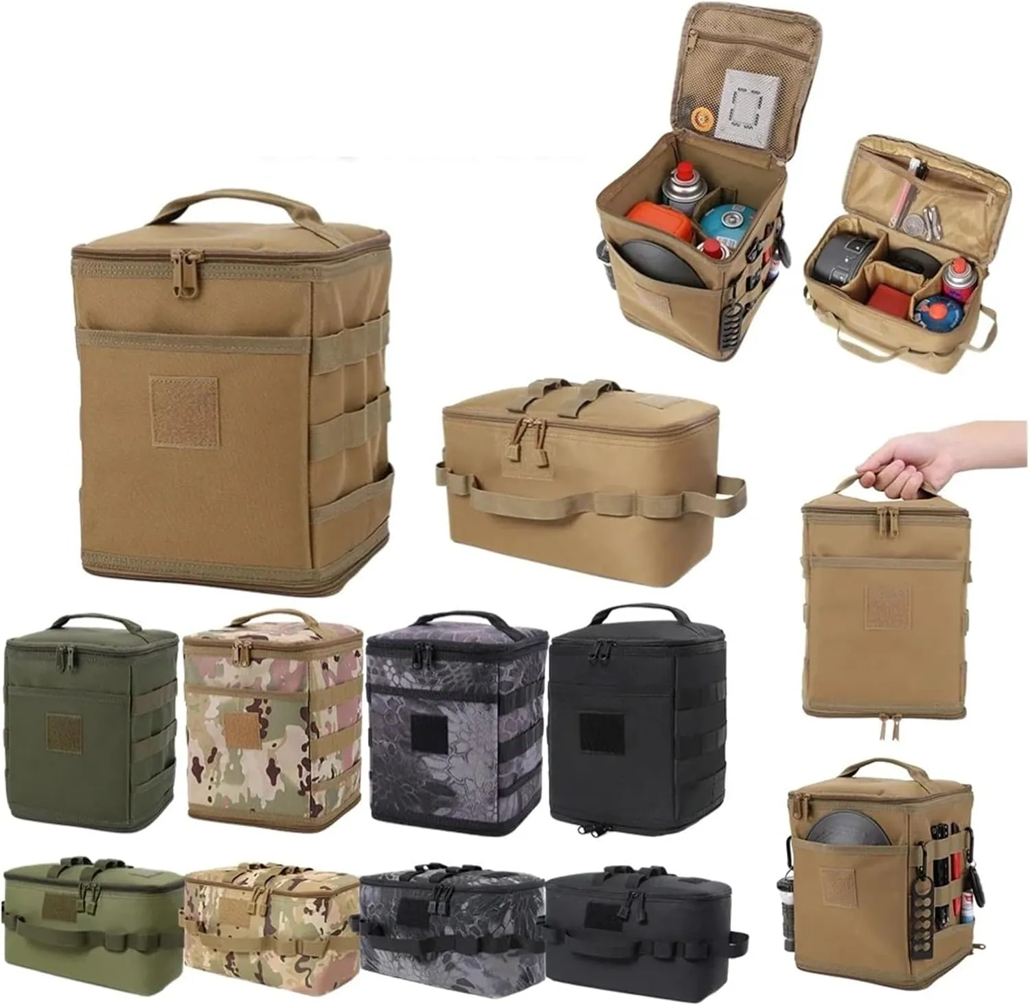 Outdoor Camping Tank Storage Bag Picnic Utensils Organizer Large Capacity Ground Nail Tool Bag Cooking Stove Storage Case(A Camouflage)