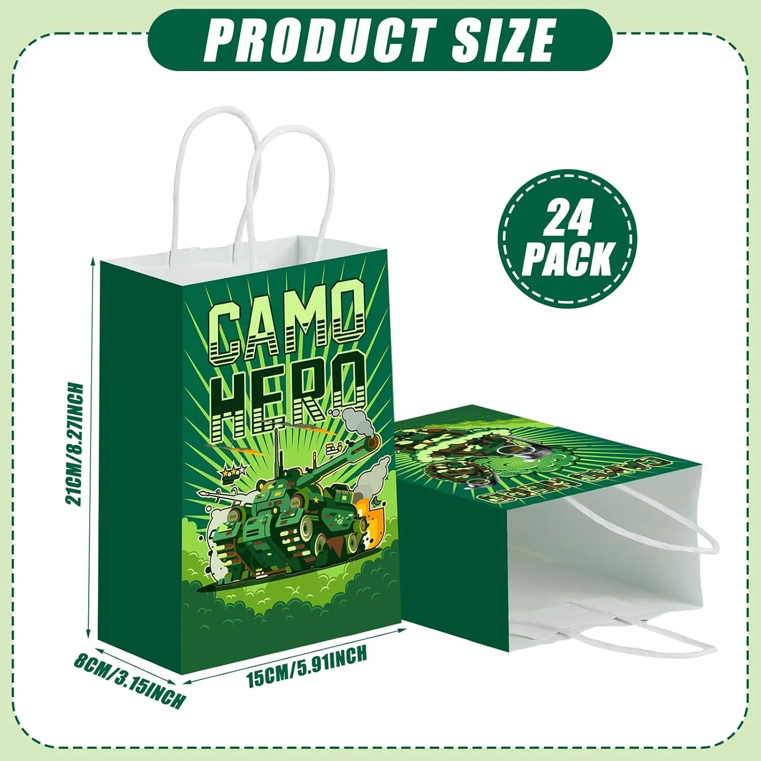 Outus 24 Pcs Camo Party Favors Bags Camouflage Goodie Gift Paper Bags with Handles Army Tank Fighter Soldier Candy Treat Tote Pouch for Camouflage Army Birthday Party Decoration Supplies