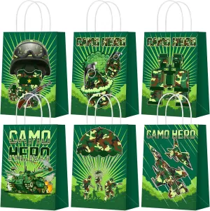 Outus 24 Pcs Camo Party Favors Bags Camouflage Goodie Gift Paper Bags with Handles Army Tank Fighter Soldier Candy Treat Tote Pouch for Camouflage Army Birthday Party Decoration Supplies