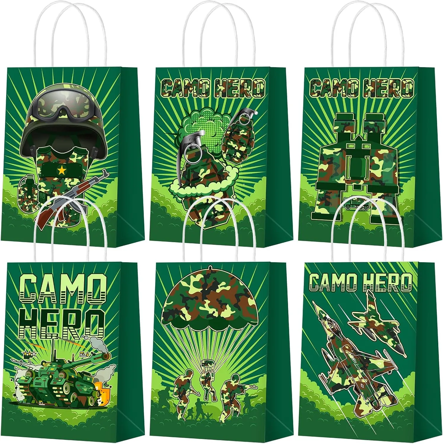 Outus 24 Pcs Camo Party Favors Bags Camouflage Goodie Gift Paper Bags with Handles Army Tank Fighter Soldier Candy Treat Tote Pouch for Camouflage Army Birthday Party Decoration Supplies