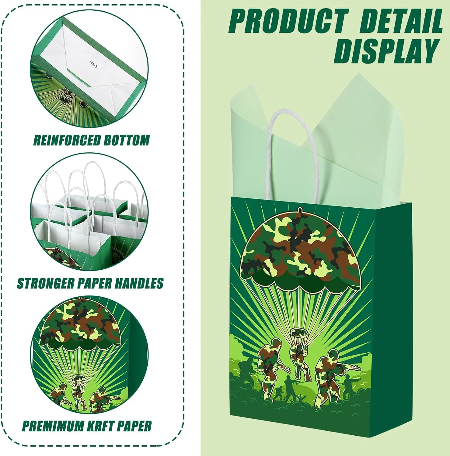 Outus 24 Pcs Camo Party Favors Bags Camouflage Goodie Gift Paper Bags with Handles Army Tank Fighter Soldier Candy Treat Tote Pouch for Camouflage Army Birthday Party Decoration Supplies