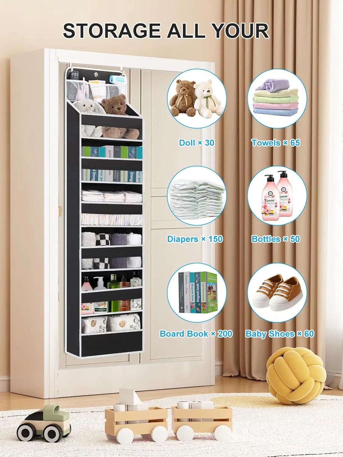 Over the Door Storage, Large Capacity Behind Closet Door Organizer for Bedroom Nursery to Store Diaper Kids Toys Shoes Sundries Over Door Hanging Organizer with 6 Tier Clear Deep Pockets 1 Pack