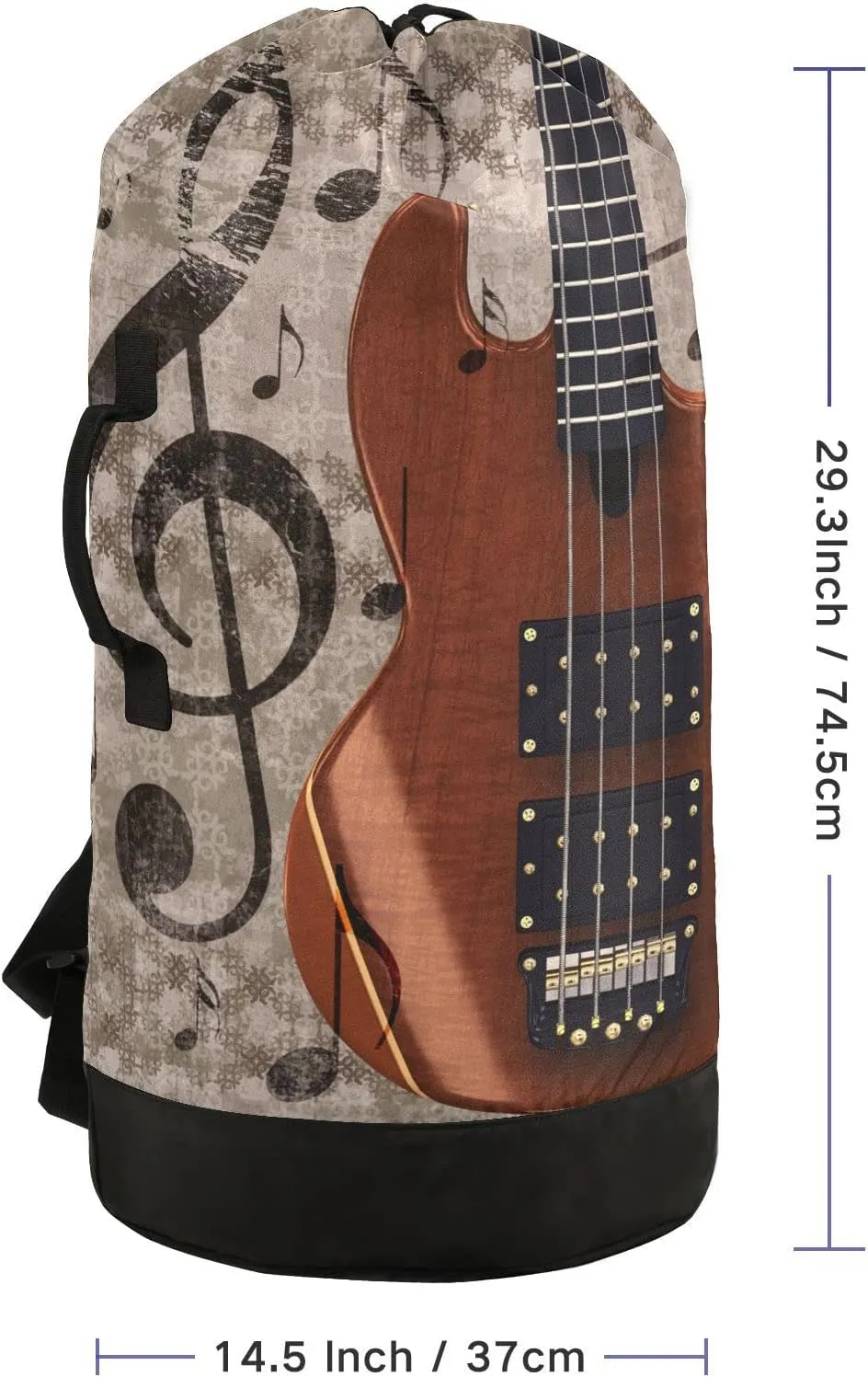 Oyihfvs Abstract Retro Musical Background with Guitar and Music Notes Backpack Laundry Bag, Laundry Backpack with Shoulder Straps, Waterproof Nylon Clothes Hamper Bag for Men Women Yoga Backpack