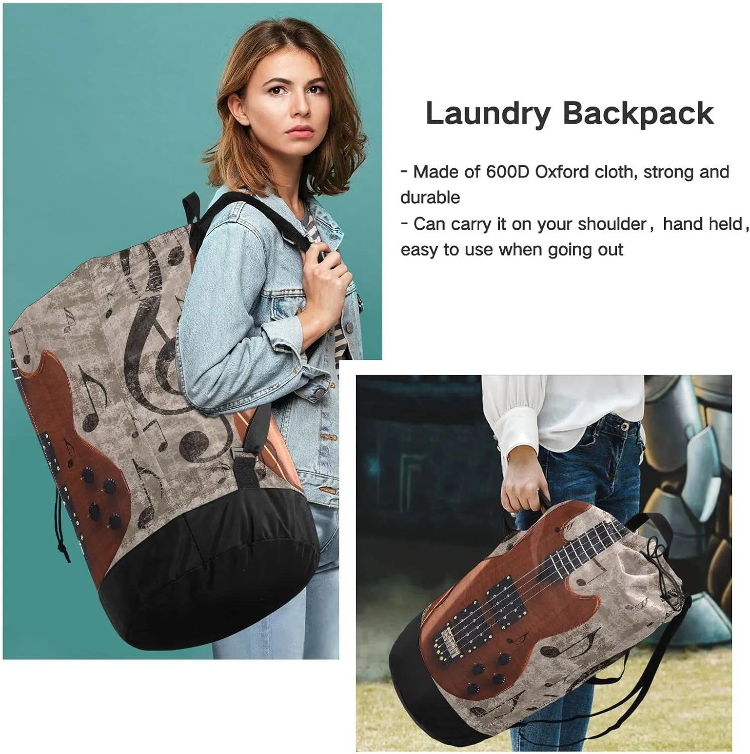 Oyihfvs Abstract Retro Musical Background with Guitar and Music Notes Backpack Laundry Bag, Laundry Backpack with Shoulder Straps, Waterproof Nylon Clothes Hamper Bag for Men Women Yoga Backpack