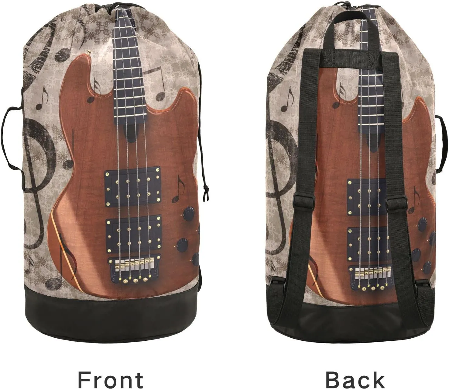 Oyihfvs Abstract Retro Musical Background with Guitar and Music Notes Backpack Laundry Bag, Laundry Backpack with Shoulder Straps, Waterproof Nylon Clothes Hamper Bag for Men Women Yoga Backpack