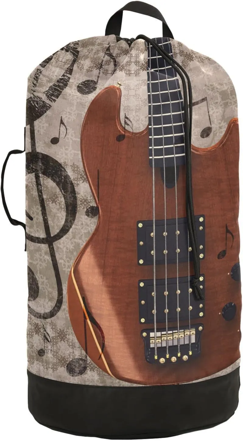 Oyihfvs Abstract Retro Musical Background with Guitar and Music Notes Backpack Laundry Bag, Laundry Backpack with Shoulder Straps, Waterproof Nylon Clothes Hamper Bag for Men Women Yoga Backpack