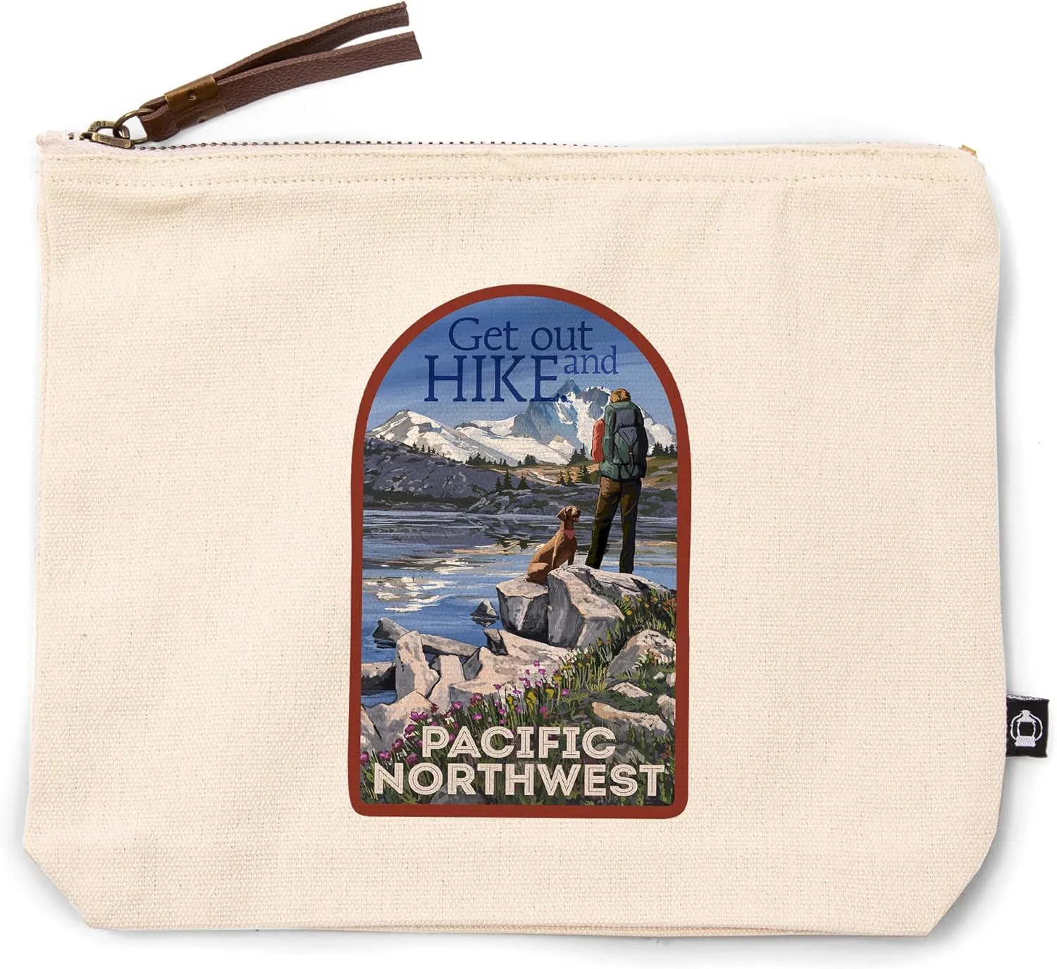 Pacific Northwest and Cascades, Hiker and Lake, Get Out and Hike, 100% Cotton Zipper Pouch, Travel Accessory, Go Bag