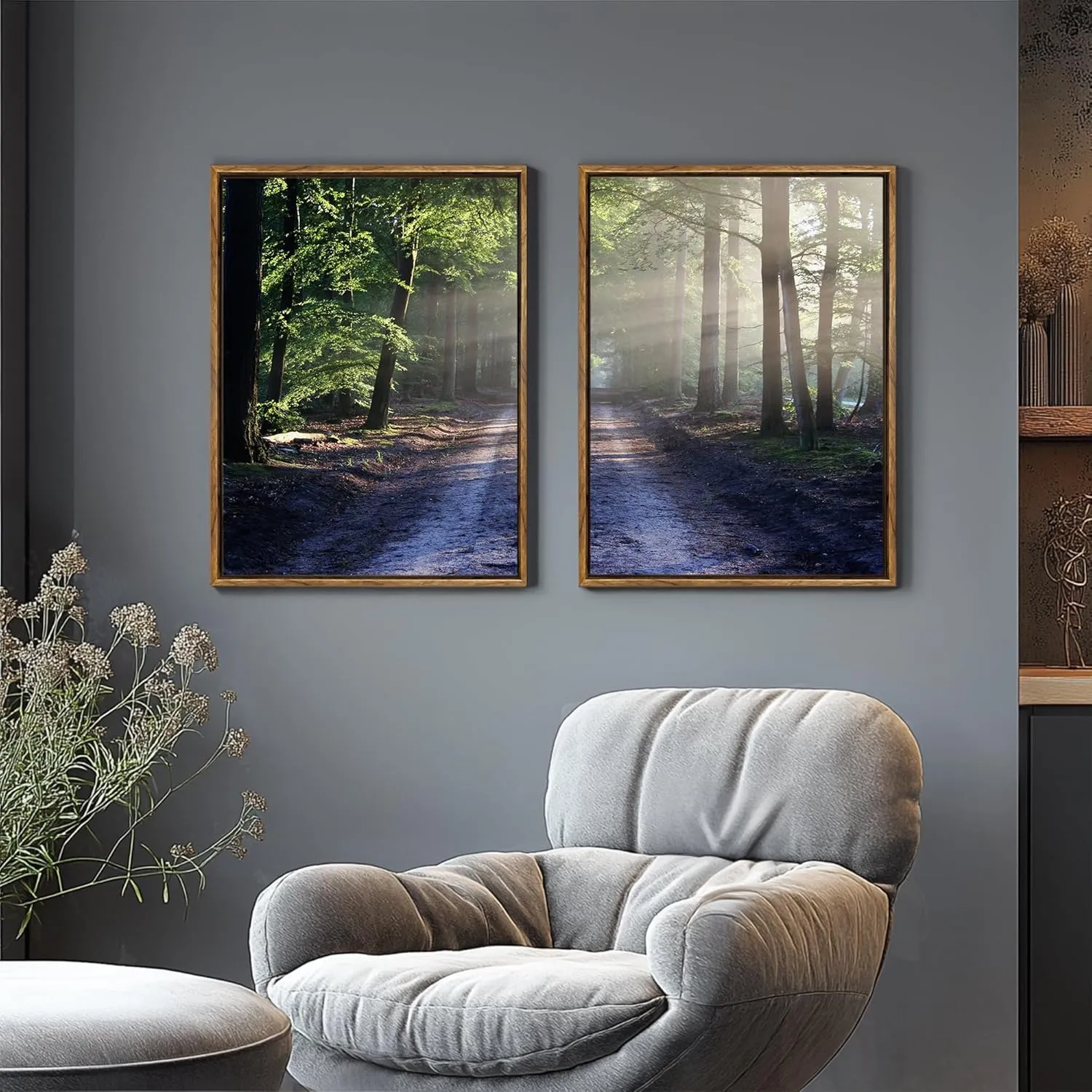 Palette Dreams Framed Green Forest Trail Canvas Print, Sunny Trail Countryside Landscape Wall Art, Modern Countryside Landscape Wall Painting Set for Living Room Bedroom Office 12 x 16 Inch 2 Pieces