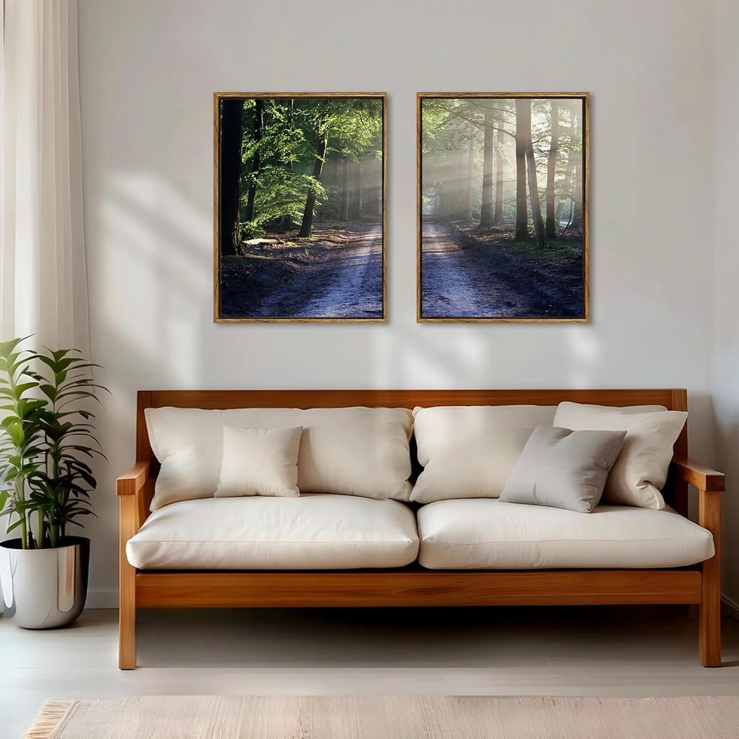 Palette Dreams Framed Green Forest Trail Canvas Print, Sunny Trail Countryside Landscape Wall Art, Modern Countryside Landscape Wall Painting Set for Living Room Bedroom Office 12 x 16 Inch 2 Pieces