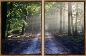 Palette Dreams Framed Green Forest Trail Canvas Print, Sunny Trail Countryside Landscape Wall Art, Modern Countryside Landscape Wall Painting Set for Living Room Bedroom Office 12 x 16 Inch 2 Pieces