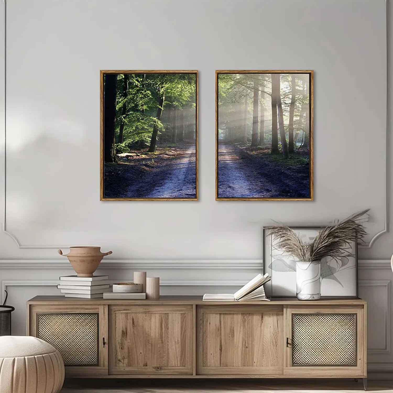 Palette Dreams Framed Green Forest Trail Canvas Print, Sunny Trail Countryside Landscape Wall Art, Modern Countryside Landscape Wall Painting Set for Living Room Bedroom Office 12 x 16 Inch 2 Pieces