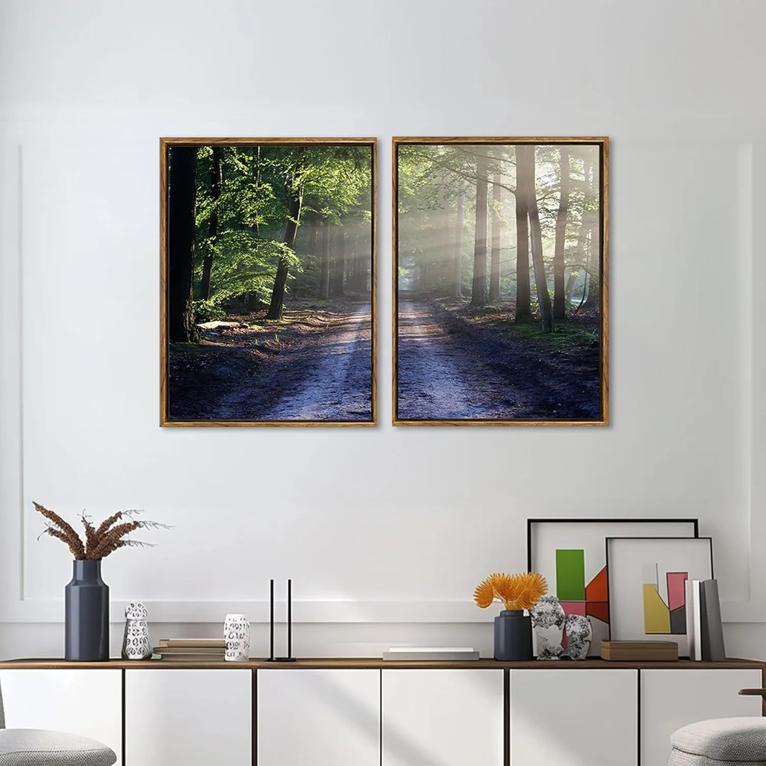 Palette Dreams Framed Green Forest Trail Canvas Print, Sunny Trail Countryside Landscape Wall Art, Modern Countryside Landscape Wall Painting Set for Living Room Bedroom Office 12 x 16 Inch 2 Pieces