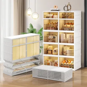 Pantry Cabinet Plastic Foldable with Doors Clear Collapsible Storage Cabinet with Wheels Large Folding Stackable Closet Storage 5-Tier 10Grids Easy Assemble