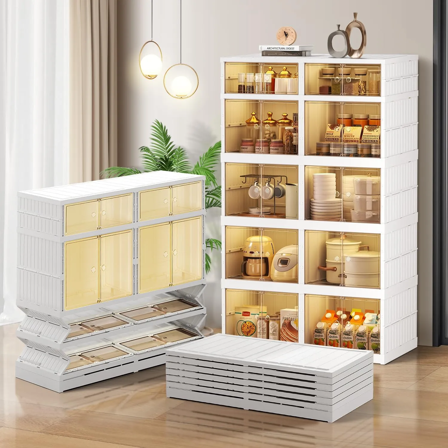 Pantry Cabinet Plastic Foldable with Doors Clear Collapsible Storage Cabinet with Wheels Large Folding Stackable Closet Storage 5-Tier 10Grids Easy Assemble